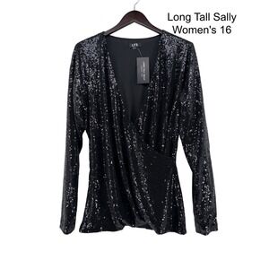 Long Tall Sally Womens 16 Black Sequin Wrap Long Sleeve V-Neck Top NWT 197667